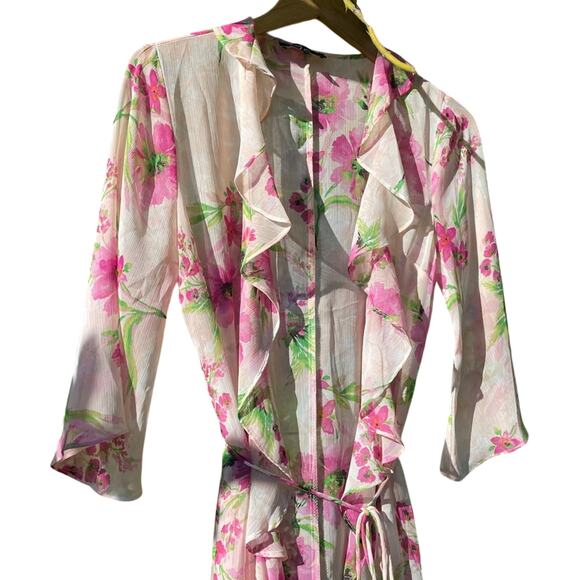 Lulu’s | Floral Tie Dress Robe Duster Sheer Pink - Picture 1 of 9